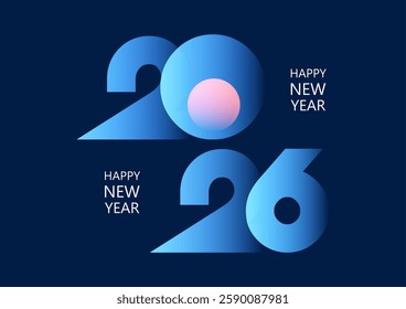 Happy New 2026 Year minimal text design with colorful gradient light isolated on blue. Banner, poster, header and card template