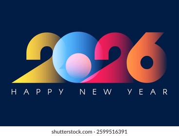Happy New 2026 Year minimal text design with colorful gradient light isolated on blue. Banner, poster, header and card template.
