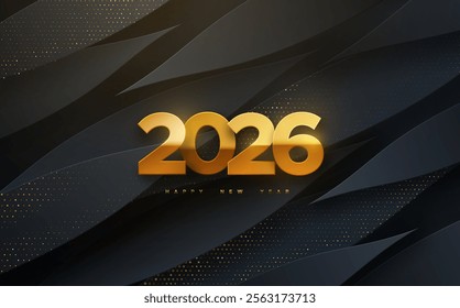 Happy New 2026 Year. Vector holiday illustration. Golden 2026 numbers on black background textured with shimmering glitters. Festive event banner. Modern cover design