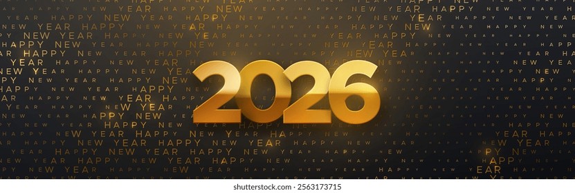 Happy New 2026 Year. Vector holiday illustration. Seasonal festive banner design. Black background with golden 2026 numbers and typography halftone pattern. Greeting card or party invitation template