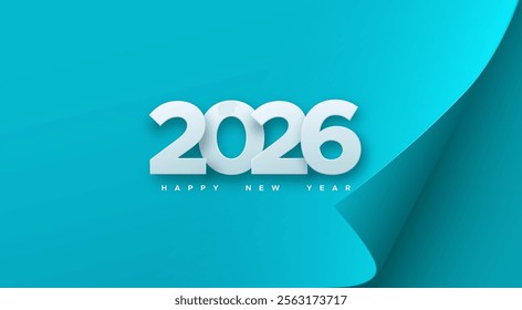 Happy New 2026 Year. Vector holiday illustration. White numbers on blue paper sheet background. Festive event banner. Decoration element for poster or cover design