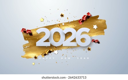 Happy New 2026 Year. Vector holiday illustration of paper cut numbers with sparkling confetti particles, golden stars and streamers. Festive event banner. Decoration element for poster or cover design