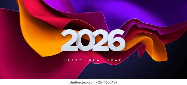 Happy New 2026 Year. Vector holiday illustration of paper cut numbers 2026 on colorful streaming fabric background. Festive event banner. Decoration element for poster or cover design