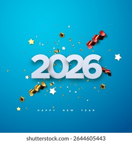 Happy New 2026 Year. Vector holiday illustration of 2026 paper numbers with sparkling confetti particles, golden stars and streamers. Festive event banner. Decoration for poster or cover design