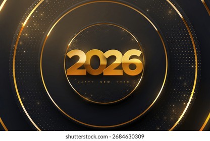 Feliz Año Nuevo 2026. Ilustración de vacaciones de Vector de números dorados 2026 sobre fondo radial negro texturizado con trazos brillantes de oro.