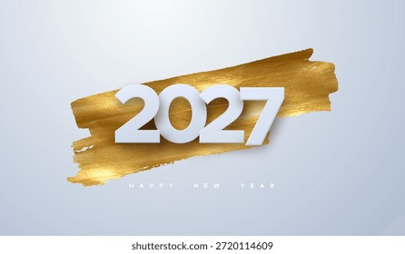 Frohes neues Jahr 2027. Vektorgrafik der Feiertage von Papierschnittzahlen auf goldenem Farbhintergrund. Festliches Veranstaltungsbanner. Dekorelement für Plakat- oder Deckengestaltung