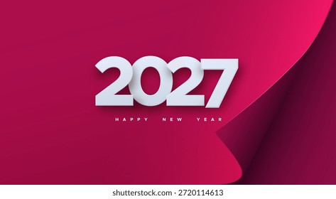 Feliz año Nuevo 2027. Ilustración de vacaciones de Vector. Números blancos sobre fondo de hoja de papel rosa. Anuncio de evento festivo. Elemento de decoración para diseño de carteles o portadas