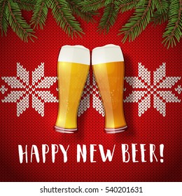 Happy new beer glasses poster on a christmas sweater background. Vector greeting card with two glasses of beer, spruce branches, and scandinavian knit pattern. Hand drawn lettering congratulation