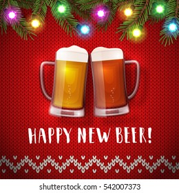 Happy new beer mugs poster on a christmas sweater background. Vector greeting card with two mugs of beer, spruce branches, and christmas garlands. Hand drawn lettering congratulation