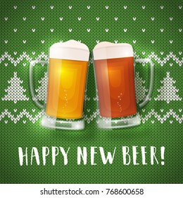 Happy new beer mugs poster on a christmas sweater background. Vector greeting card with two mugs of beer and traditional knit pattern. Hand drawn lettering congratulation.