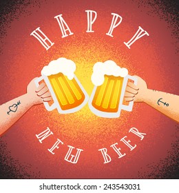 Happy New Beer vector trendy Illustration. Grunge cartoon style with hand drawn message