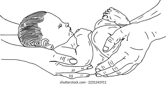 Happy new born Baby in hands of parents sketch drawing illustration, Gynecology doctor giving newborn baby to parents hands vector clip art, sleeping baby in hand cartoon drawing