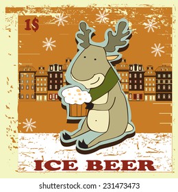Happy New card with reindeer. Picture contains images of  reindeer, town silhouette, beer mug, text, snowflake on vintage background. Scrap booking style.