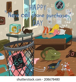 Happy new cell phone purchase day funny cartoon greeting card. For ui, web games, tablets, wallpapers, and patterns.