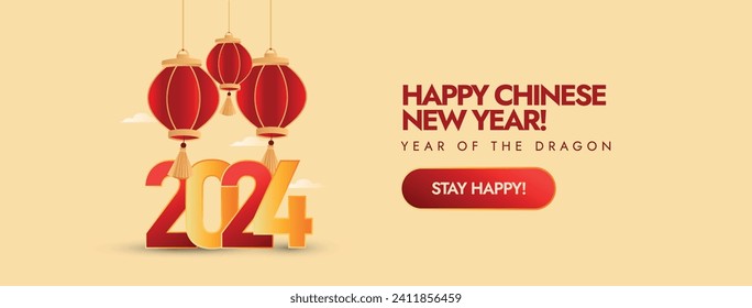 Happy new Chinese year 2024, year of the dragon. Chinese new year cover banner in light yellow colour with red Chinese lanterns. Year of the dragon Facebook cover, hoping for good luck and health.