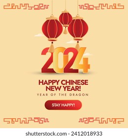 Happy new Chinese year 2024. Chinese new year celebration banner with red lanterns and oriental design. 2024 lunar Chinese new year, year of the dragon. Stay happy and healthy.