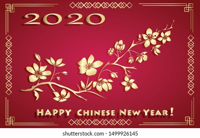 Happy new chinese year card with blossom tree. Vector illustration
