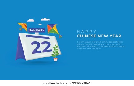 Happy new Chinese new year vector design with clouds, colorful kites, and green plants. Reminder Chinese new year event concept 3d vector.