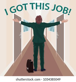 Happy new employee enjoys to got job. Worker with arms outstretched stands in long corridor of office in business center. Simplified realistic cartoon style. Vector illustration