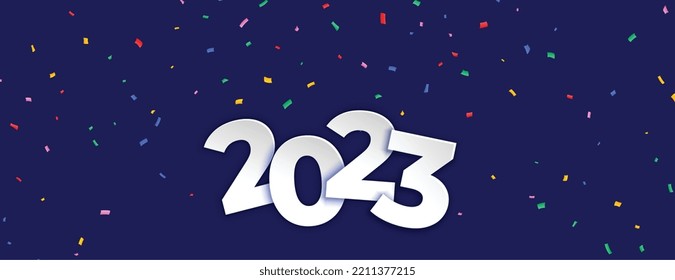 feliz nueva tarjeta de celebración de vísperas 2023 con vector de decoración de confeti