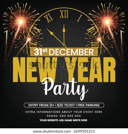 Happy New Year’s Eve Countdown Celebration square poster and Flyer Template, Elegant Modern Typography Layout, Fireworks Background, Luxury Square Design for Social Media Post and Event Invitation