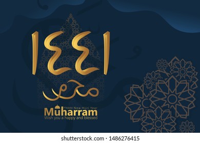 Happy new Hijri Islamic year 1441, happy new year for all Muslim community. The Arabic text means : happy new Hijra year (muharram). - vector illustration. EPS 10