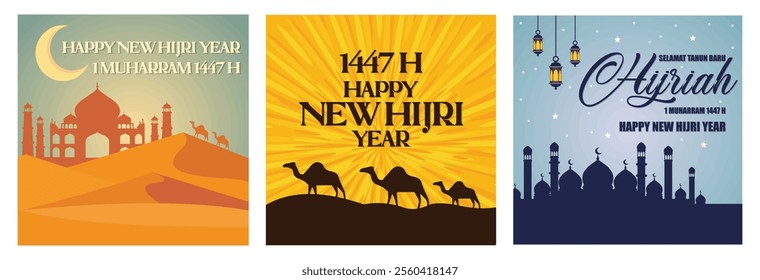 Happy New Hijri Year 1 Muharram 1447. Camel walking in the desert. Mosque and hanging Lanterns. Set lat vector modern illustration