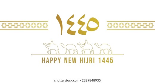 Happy new hijri year 1445 background with arabic letter, people on camel and muslim ornament. Islamic banner poster.