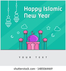 Happy New Hijri Year flat color, Happy Islamic new year background, Islamic happy new year greeting backdrop