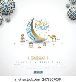 Happy New Hijri Year Greeting Islamic Illustration Background Design With Arabic calligraphy, Lanterns, Pattern and camel For Banner, card, Cover etc. Translation Of Text: EVERY YEAR IN GOOD CONDITION