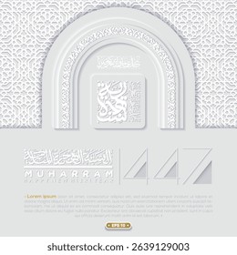 Happy New Hijri Year Greeting Card Islamic Floral Pattern Background Vector Design With Arabic calligraphy For Flyer,Banner, card, Cover etc. Translation Of Text: EVERY YEAR IN GOOD CONDITION