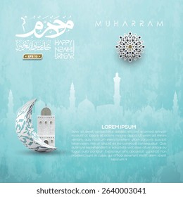 Happy New Hijri Year Greeting Islamic Illustration Background Design With Arabic calligraphy, Lanterns, Kaaba and camel For Banner, card, Cover etc. Translation Of Text: EVERY YEAR IN GOOD CONDITION