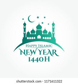 Happy New Hijri Year, Islamic New Year 1440 Hijriyah logotype. Great for greeting card, poster and banner