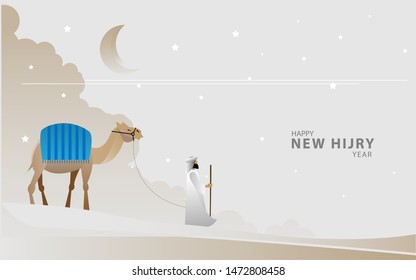 happy new Hijri year, Happy Islamic New Year. Arabic landscape illustration with arabian and camel, can use for, landing page, template, ui, web, mobile app, poster, banner, flyer, background