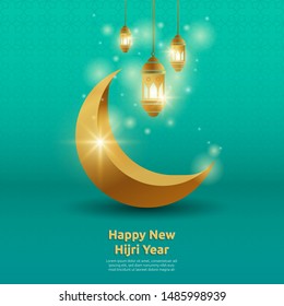 Happy New Hijri Year. Islamic New Year background with shiny golden cresent moon and hanging arabic lantern.