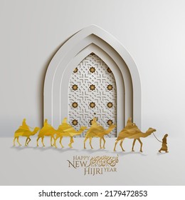 Happy new hijri year islamic template with arabian traveller illustration vector
