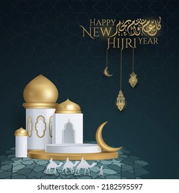 Happy New Hijri year islamic template with golden podium, crescent and gold mosque illustration vector