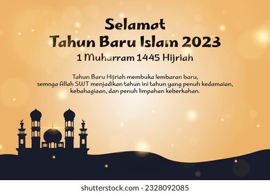 Happy New Hijri Year, Islamic New Year 1445 Hijriah logotype. Selamat Tahun Baru Islam translate Happy islamic new year.