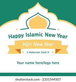 Happy New Hijri Year, Islamic New Year 1445 Hijriyah (1 muharram) card design decorative happy muharram background and Islamic new year greeting card template with Mosque and green background