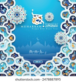 Happy New Hijri Year Muharram Greeting Card Islamic Floral Pattern Background Vector Design With Beautiful Arabic Calligraphy, Camels and Mosque. Translation Of Text : EVERY YEAR IN GOOD CONDITION 