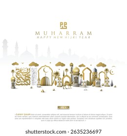 Happy New Hijri Year MUHARRAM Greeting Islamic Illustration Background Design With Arabic Calligraphy, Camels, Mosque, Lanterns For Card, Banner etc. Translation Of Text: EVERY YEAR IN GOOD CONDITION 