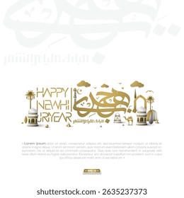 Happy New Hijri Year MUHARRAM Greeting Islamic Illustration Background Design With Arabic Calligraphy, Camels, Mosque, Lanterns For Card, Banner, Cover,Flyer etc. Translation Of Text: ISLAMIC NEW YEAR