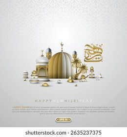 Happy New Hijri Year MUHARRAM Greeting Islamic Illustration Background Design With Arabic Calligraphy, Camels, Mosque, Lanterns For Card, Banner, Cover,Flyer etc. Translation Of Text: ISLAMIC NEW YEAR