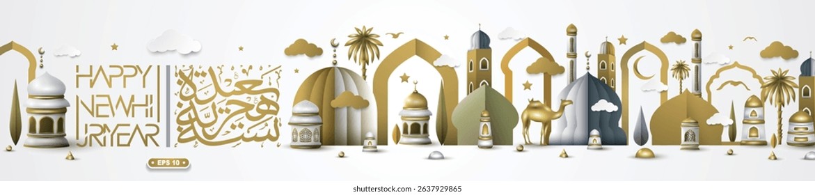 Happy New Hijri Year MUHARRAM Greeting Islamic Illustration Background Design With Arabic Calligraphy, Camels, Mosque, Lanterns For Card, Banner etc. Translation Of Text: EVERY YEAR IN GOOD CONDITION 