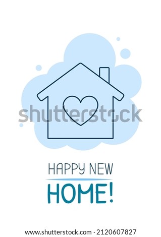 Happy new home congratulation postcard with linear glyph icon. Greeting card with decorative vector design. Simple style poster with creative lineart illustration. Flyer with holiday wish