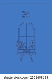 Happy new home outline greeting card, banner, or poster on a blue background. Housewarming invitations with line art windows and house plants on the windowsill. Linear monochrome vector illustration.