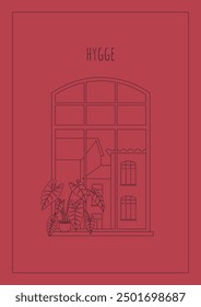 Happy new home outline greeting card, banner, or poster on a red background. Housewarming invitations with line art windows and house plants on the windowsill. Linear monochrome vector illustration.