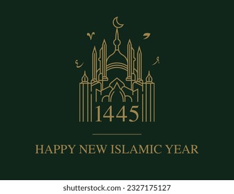 Happy new islamic hijri year 1445 greeting card simple luxurious design vector art gold on dark green background with a golden mosque icon design