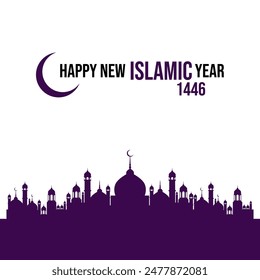 Happy New Islamic Year 1446 gift card and social media post design template. Editable EPS file with a mosque and Moon.