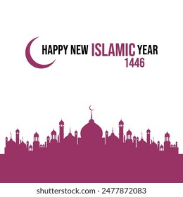 Happy New Islamic Year 1446 gift card and social media post design template. Editable EPS file with a mosque and Moon.